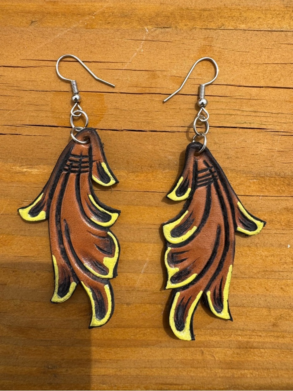 Handcrafted Brown and Yellow Feather Drop Earrings